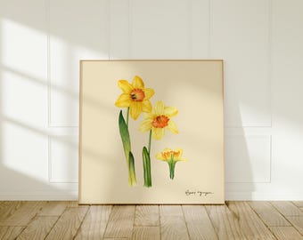 Daffodil Beige Background - Botanical Watercolor Artwork - Floral Painting - Vintage Style Wall Decor