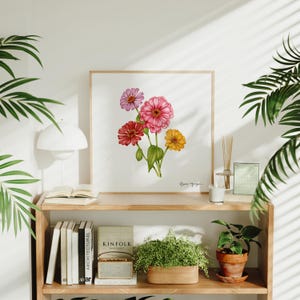 Zinnias White Background - Botanical Watercolor Artwork - Floral Painting - Vintage Style Wall Decor