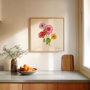 Zinnias Light Beige Background - Botanical Watercolor Artwork - Floral Painting - Vintage Style Wall Decor
