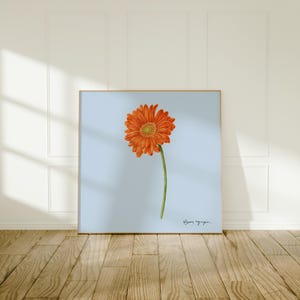 Gerbera Pastel Blue Background - Botanical Watercolor Artwork - Floral Painting - Vintage Style Wall Decor