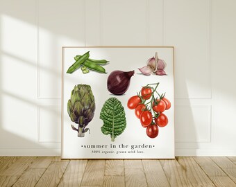 Stampa botanica di ortaggi da giardino estivo su sfondo bianco – Arte da cucina ad acquerello – Illustrazione di pomodori, aglio, cipolla e carciofo