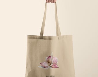 Torba ekologiczna z czosnkiem i warzywami | Torba wielokrotnego użytku z bawełny organicznej | Projekt inspirowany naturą