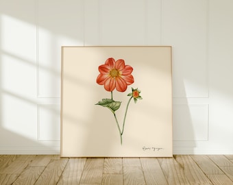 May include: A watercolor illustration of a single red dahlia flower with green leaves and a bud. The flower is in bloom and has a yellow center. The illustration is on a cream background with the artist's signature in the bottom right corner.