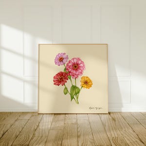 Zinnias Beige Background - Botanical Watercolor Artwork - Floral Painting - Vintage Style Wall Decor
