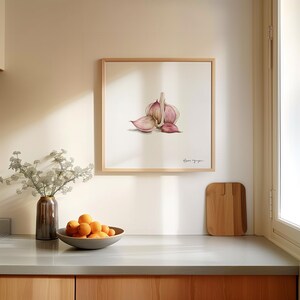 Garlic Wall Art Print White Background – Botanical Kitchen Decor, Farmhouse Vegetable Illustration, Watercolor Style Food Artwork