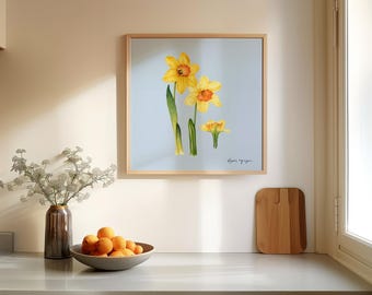 Narciso sobre fondo azul claro - Obra de acuarela botánica - Pintura floral - Decoración de pared de estilo vintage