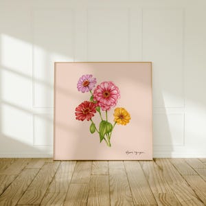 Zinnias Soft Pink Background - Botanical Watercolor Artwork - Floral Painting - Vintage Style Wall Decor