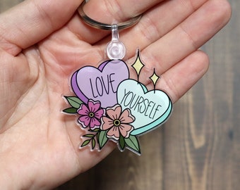 Love Yourself, Acrylic Keychain, Bag Charm, Tattoo Keychain, Cute Keyring, Mental Health