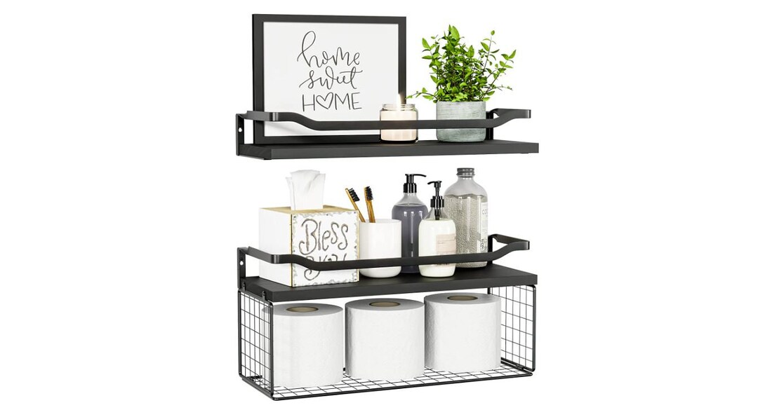 Wood Metal Bathroom Shelves With Wire Storage Basket Etsy