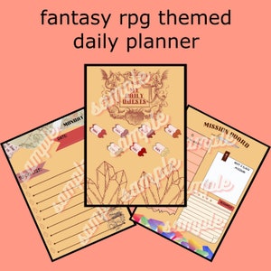 May include: A fantasy role-playing game (RPG) themed daily planner with a to-do list, mission board, and a section for daily quests. The planner features a vintage style design with crystals and scrolls.