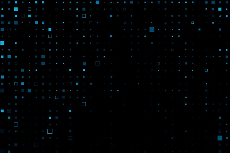 Pu&ograve; includere: Sfondo digitale astratto con uno sfondo scuro e uno schema disperso di piccoli quadrati blu chiaro.