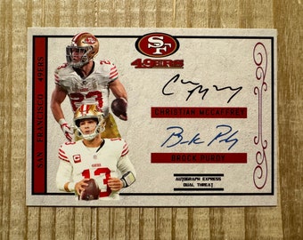 Brock Purdy & Christian McCaffrey 2022 Autograph Express Dual Threat Autograph Facsimile Card Purdy Rookie San Francisco 49ers