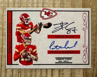 Patrick Mahomes & Travis Kelce 2017 Autograph Express Dual Threat Autograph Facsimile Card Patrick Mahomes Rookie Kansas City Chiefs