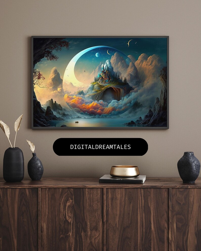 May include: A digital art print depicting a fantasy landscape with a castle on an island surrounded by a crescent moon and clouds. The text "DIGITALDREAMTALES" is at the bottom of the image.