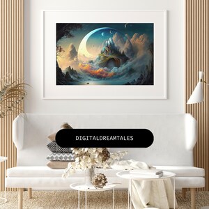 May include: A digital art print depicting a fantasy landscape with a castle on a mountaintop surrounded by clouds and a crescent moon in the sky. The colours are blue, purple, and orange.