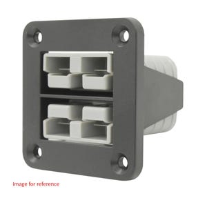 May include: A black plastic electrical connector with a gray insert. The connector has six terminals and is designed for mounting on a surface.