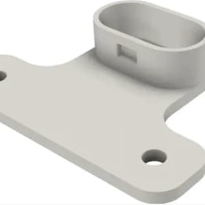 May include: A light grey, 3D-rendered bracket with an oval-shaped receptacle and two circular holes. The bracket has a flat, rectangular base with a curved extension connecting to the receptacle.