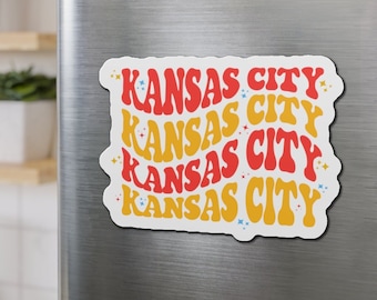 Aimant en vinyle rétro groovy Kansas City, cadeaux Kansas City pour amis
