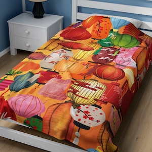 Chinese Lantern Blanket for Home Decor | Velveteen Plush Blanket for Kids or Adults | Hoi An Inspired Blanket for Lunar New Year