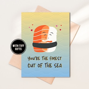 Divertente biglietto di San Valentino per sushi di salmone, biglietto di sushi di salmone per il fidanzato, biglietti per gli amanti del sushi per l'anniversario, biglietti di gioco di cibo asiatico