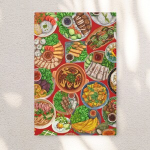 May include: A colourful illustration of various Vietnamese dishes, including spring rolls, rice paper rolls, noodles, and stir-fried vegetables. The dishes are arranged in a circular pattern on a red background.