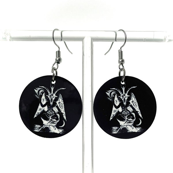 Baphomet Satanic Earrings Gothic Jewelry Black & White Occult Witchy Goth Round Circle Dangle Wire Hook Ear Rings Affordable Sale Gift