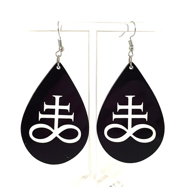 Sulphur Cross of Leviathan Satanic Earrings Gothic Jewelry Satanist Occult Goth Large Teardop Dangle Hook Ear Rings Affordable Sale Gift