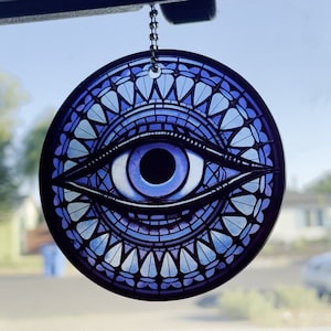 Evil Eye Nazar Stained Glass Look Suncatcher Rear View Mirror Ornament Decoration Hanger Car Accessories Car Charm Car Mirror Hanging Circle