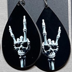 Heavy Metal Rock On Devil Horns Hand Sign Skull Earrings Goth Edgy Jewelry Gift for Her Rocker Gothic Girl Gifts Hook Ear Wire Earrings