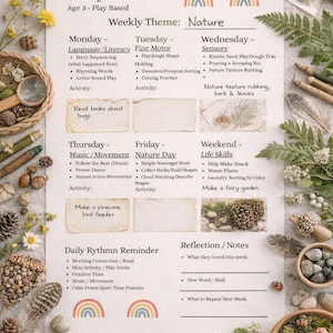 Age 3 Weekly Planner Printable | Play-Based Preschool Schedule | Nature-Inspired Learning & Activities PDF