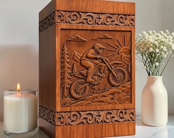 Personalized Wooden Cremation Urn Box | Custom Engraved Memorial Urn for Human Ashes | Handmade Wooden Keepsake | Motorcycle Memorial Gift