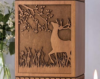 Caja de urna de madera personalizada: grabado de ciervo y bosque, monumento rústico