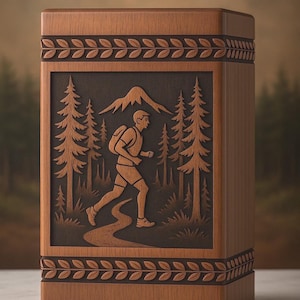 Wooden Urn Box for Ashes with Hiker & Forest Engraving – Nature Lover Memorial Box – Handcrafted Rustic Funeral Urn – Personalized