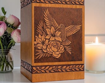Handcrafted Rosewood Hummingbird Urn Box, Engraved Floral Memorial Keepsake