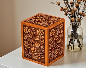 Handcrafted Floral Carved Wood Cremation Urn | Personalized Memorial Box
