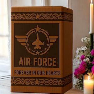 Wooden Urn Box for Human Ashes – Air Force Engraved Military Memorial | Personalized Veteran Cremation Urn | Honor & Tribute Keepsake