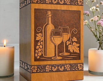 May include: A wooden box with a carved wine-themed design. The central panel features a wine bottle, two glasses, and grapes. Floral patterns adorn the top and bottom edges. A lit candle and flowers are in the background.