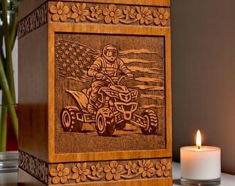 Personalized Wooden Cremation Urn for Ashes | ATV Rider Engraved Memorial Urn Box | Custom Handmade Sympathy Gift