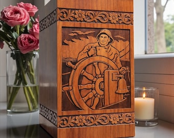 Urna de cremación de madera artesanal / Talla de timón de barco marinero, personalizada