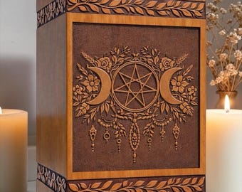 Urna in legno con pentagramma lunare spirituale / Ricordo commemorativo floreale inciso