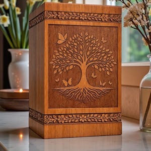 Urne en bois pour cendres Arbre de vie | Urne funéraire commémorative gravée personnalisée | Souvenir en bois fait main
