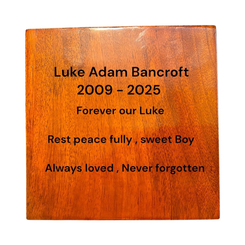Pu&ograve; includere: Targa quadrata in legno con una finitura marrone rossiccio intenso. Il testo "Luke Adam Bancroft 2009-2025 Forever our Luke Rest peace fully, sweet Boy Always loved, Never forgotten" &egrave; stampato in nero.