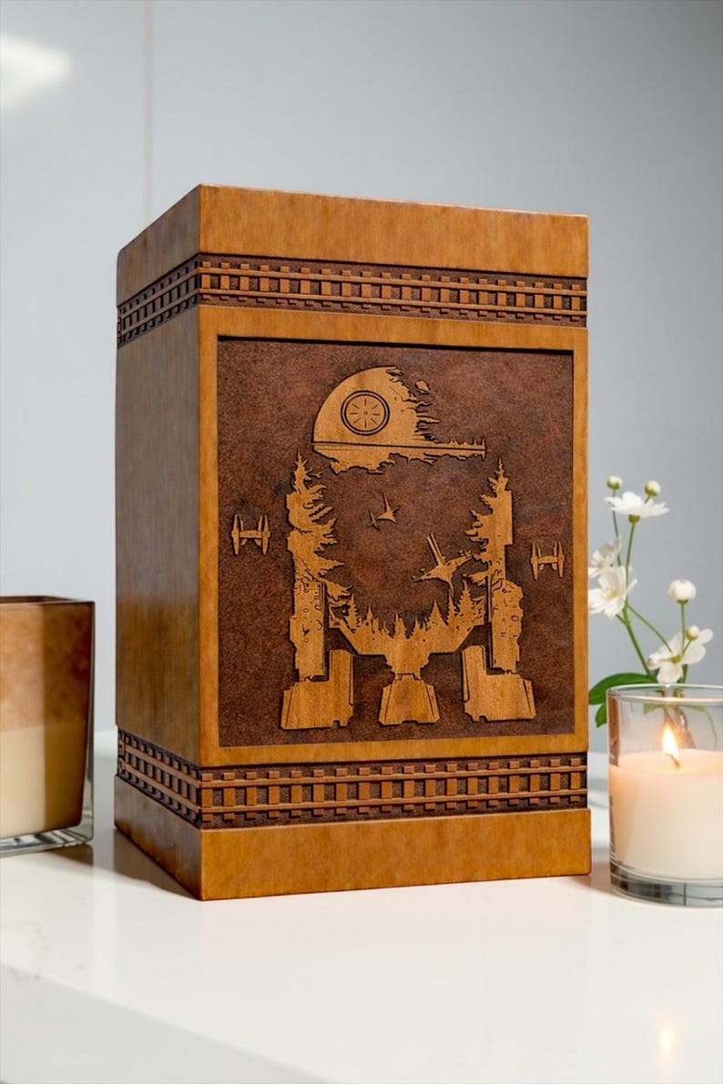 Unique sci-fi galaxy themed wooden urn box designed with walker machine and space ships engraving for memorial ashes storage.

Personalized wooden cremation urn with galactic walker memorial design engraved on premium wood keepsake urn box.