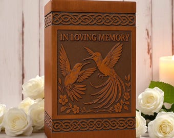 Engraved Hummingbird Wooden Urn – Handmade Memorial Cremation Box