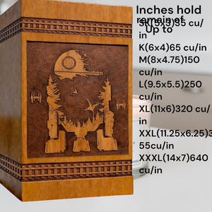 Sci-fi inspired wooden urn box with galactic walker artwork engraved on solid wood creating a unique memorial keepsake for ashes.

Elegant wooden memorial urn featuring space themed galactic walker engraving and cosmic background artwork on handcrafted cremation urn box.