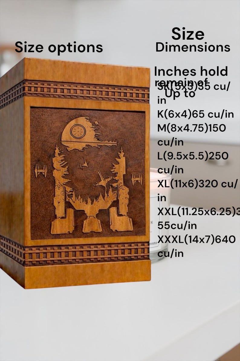 Sci-fi inspired wooden urn box with galactic walker artwork engraved on solid wood creating a unique memorial keepsake for ashes.

Elegant wooden memorial urn featuring space themed galactic walker engraving and cosmic background artwork on handcrafted cremation urn box.