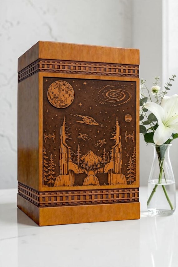 Space Inspired Wooden Urn Box, Custom Engraved Cremation Urn, Personalized Memorial Keepsake for Ashes