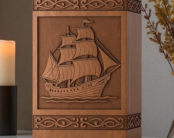 Engraved Rosewood Ship Urn: Handcrafted Wooden Cremation Urn