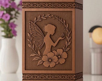 Engraved Wooden Cremation Urn Box: Angel & Flower Design, Personalized