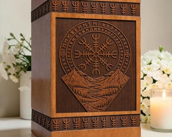 Handcrafted Wooden Urn Box, Viking Vegvisir Compass Memorial Keepsake